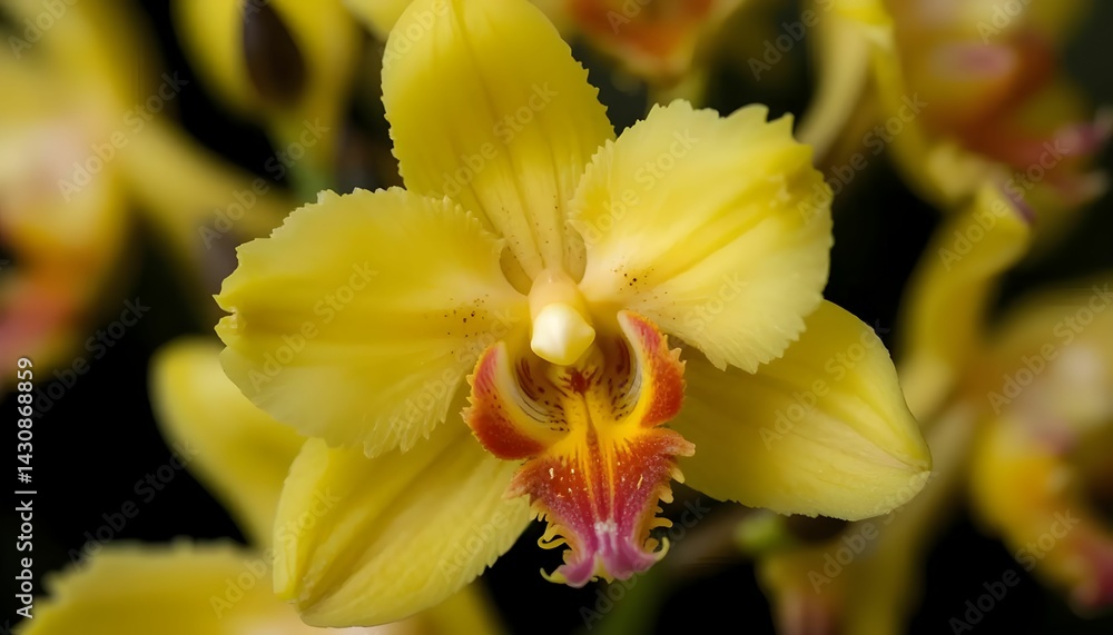 Fototapeta premium Extreme macro of Oncidium orchid 'Dancing Lady' variety, vibrant yellow flowers.
