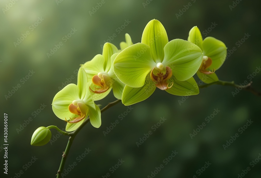 Fototapeta premium Photorealistic image of green Cymbidium orchid flowers on stem, elegant background fade.