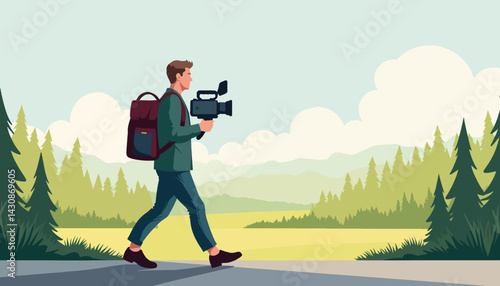 Wedding videographer filming in scenic landscape, capturing memories