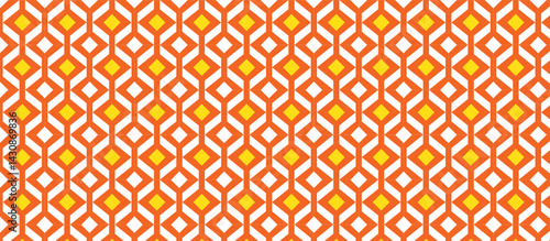 Seamless geometric pattern with interlocking orange-red and white diamond shapes featuring bright yellow centers, creating a bold, 3D textured effect with consistent visual rhythm