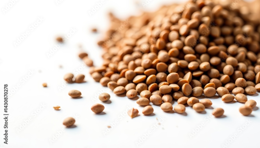 Close-up of chia seeds scattered on white background, Chia seeds, White, Close-up Close-up of chia seeds scattered on white background, Chia seeds, White, Close-up