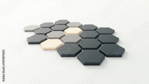 Create a stylized vector illustration featuring a cluster of intricately arranged hexagonal tiles laid out on a smooth, flat surface, with a subtle gradient effect to convey a sense of depth. The tile