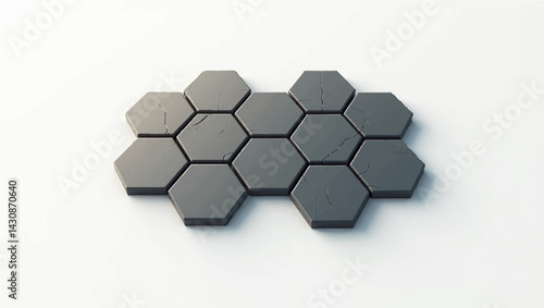 Create a stylized vector illustration featuring a cluster of intricately arranged hexagonal tiles laid out on a smooth, flat surface, with a subtle gradient effect to convey a sense of depth. The tile