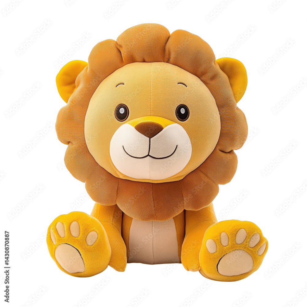 Obraz premium Adorable lion plush toy with fluffy mane, bright yellow fur, and a sweet smiling face, perfect for cuddling and nursery decor