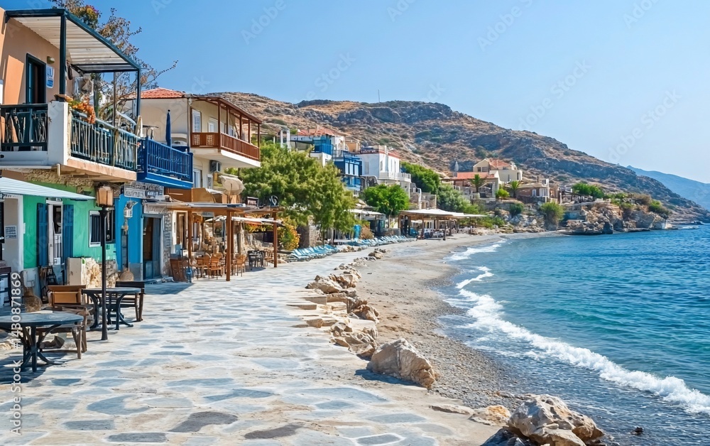 Fototapeta premium Coastal village scene with colorful buildings, beach, and mountains