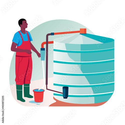 A flat style illustration showing a character using a harvesting system
