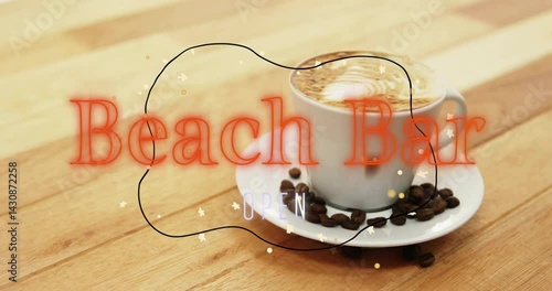 3D render showing white ceramic cup with latte foam art, scattered beans, neon Beach Bar sign