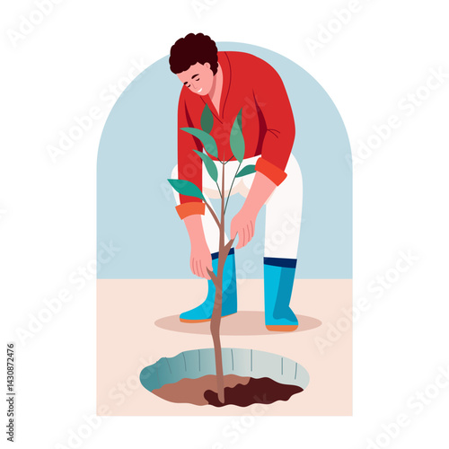 Flat style illustration showing a character planting a tree