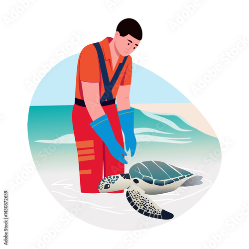 A character doing turtle tagging, flat style illustration