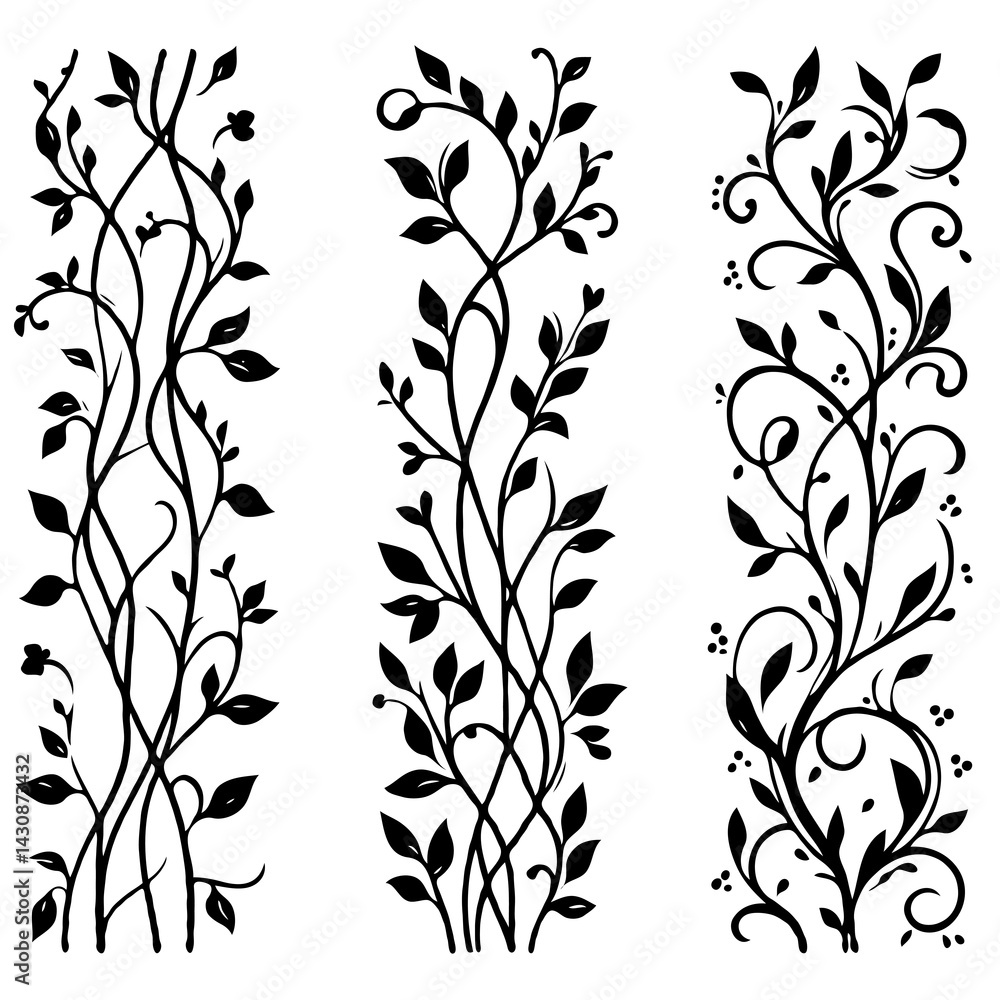 Hand drawn wild flowers Botanical drawing. Simple line art frieze, stems illustration. Black and White Meadow herbs. Stylized blooming twigs plants. Set of outline doodle floral sketch Leaves border Hand drawn wild flowers Botanical drawing. Simple line art frieze, stems illustration. Black and White Meadow herbs. Stylized blooming twigs plants. Set of outline doodle floral sketch Leaves border