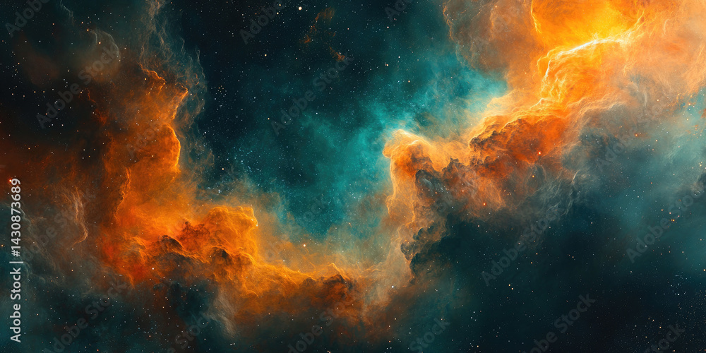 Abstract Background Featuring a Cosmic Nebula with Vibrant Orange and Teal Colors, Swirling Clouds Creating a Dynamic and Luminous Visual Effect Abstract Background Featuring a Cosmic Nebula with Vibrant Orange and Teal Colors, Swirling Clouds Creating a Dynamic and Luminous Visual Effect