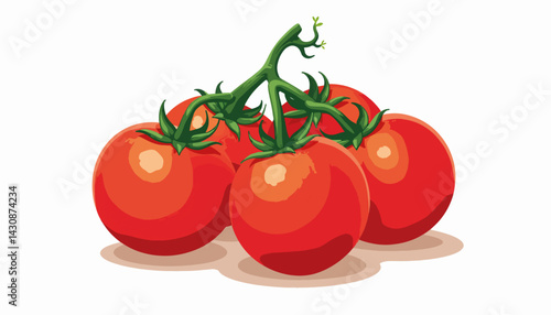 Fresh ripe red tomatoes on green vine against white background, freshness