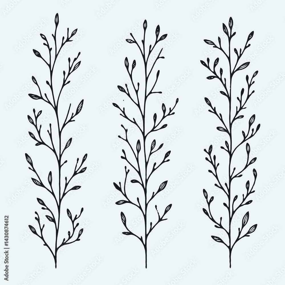 Hand drawn wild flowers Botanical drawing. Simple line art frieze, stems illustration. Black and White Meadow herbs. Stylized blooming twigs plants. Set of outline doodle floral sketch Leaves border Hand drawn wild flowers Botanical drawing. Simple line art frieze, stems illustration. Black and White Meadow herbs. Stylized blooming twigs plants. Set of outline doodle floral sketch Leaves border