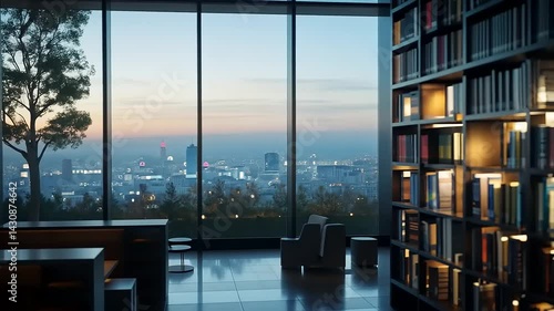 Modern Library Interior with City View at Sunset