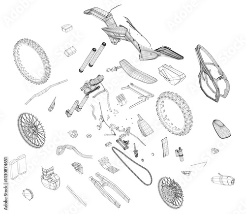 A black and white drawing of a motorcycle with its parts scattered all over the page. The drawing is of a disassembled motorcycle, and the parts are shown in various positions. Isometric view