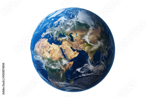 Fototapeta Naklejka Na Ścianę i Meble -  A view of earth from space showing europe africa and asia with cloud cover against transparent background png