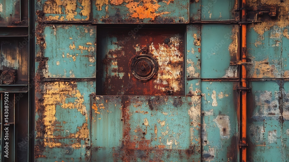 Naklejka premium Rustic Teal and Rust Metal Panel Wall: An Industrial Abstract