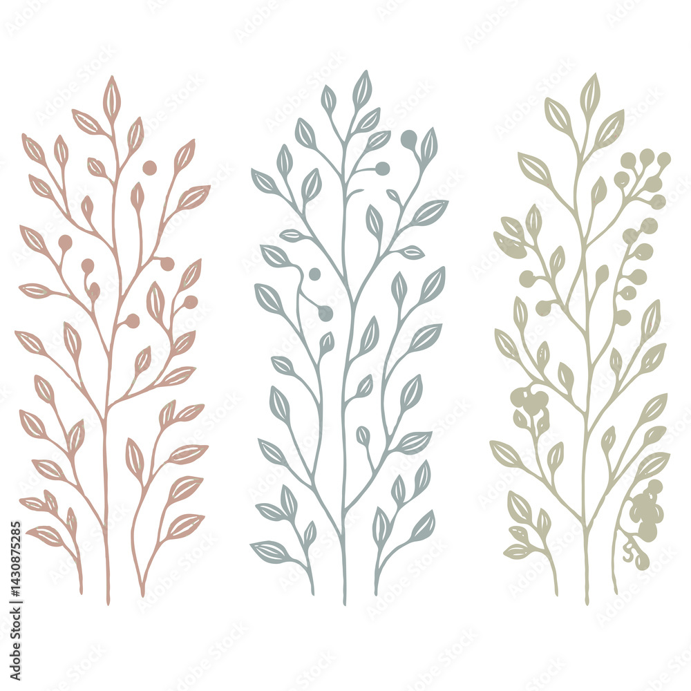 Fototapeta premium Hand drawn wild flowers Botanical drawing. Simple line art frieze, stems illustration. Black and White Meadow herbs. Stylized blooming twigs plants. Set of outline doodle floral sketch Leaves border