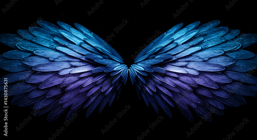 Obraz premium Abstract Blue Violet Feathers Forming Symmetrical Wings On Black Backdrop