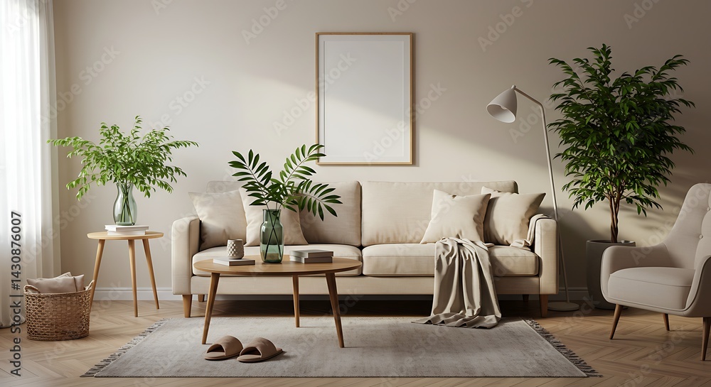 Naklejka premium Serene Living Room Interior Design Neutral Tones, Natural Light, and Minimalist Decor