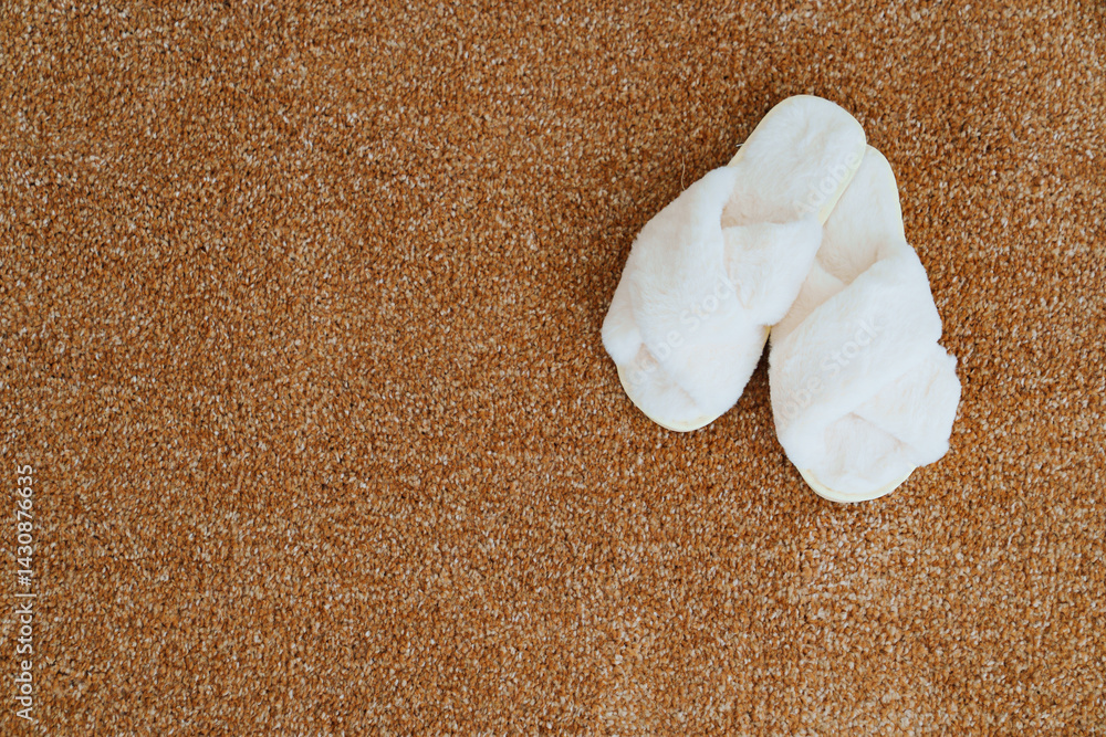soft white slippers on the beige Interior pile carpet.