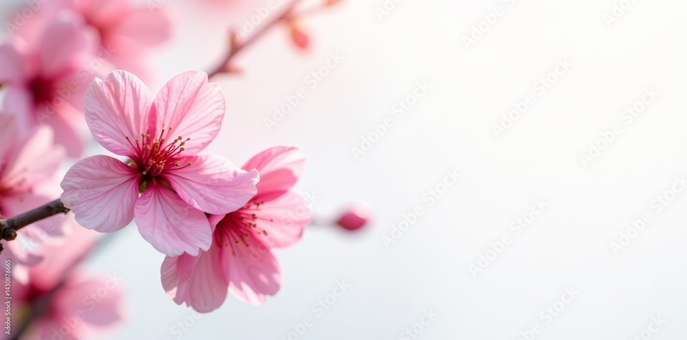 Close-up of delicate cherry blossoms against white background, springtime, isolated, petals Close-up of delicate cherry blossoms against white background, springtime, isolated, petals