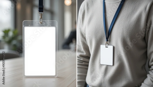 Blank Identification Badges Displayed on a Table and Worn Around a Person's Neck in a Modern Workspace Setting