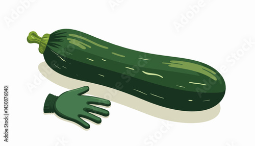 Large green zucchini with gardening glove on white background, gardening concept