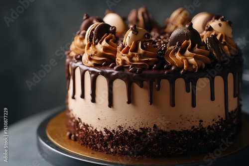A decadent chocolate mocha drip cake with swirls and chocolate chips, evoking indulgence and richness.