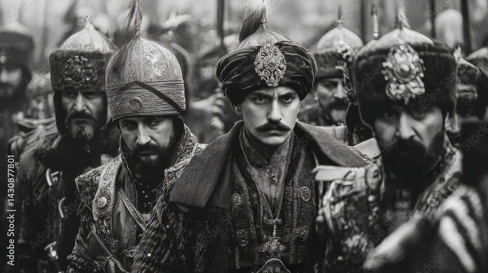 Fototapeta premium Ottoman Sultan Mehmed II with Soldiers at the Siege of Constantinople – Historical Concept