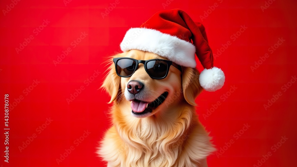 Cool Santa Claus Dog with sunglasses and Santa hat on a red background Cool Santa Claus Dog with sunglasses and Santa hat on a red background