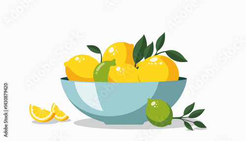Modern fruit bowl with lemons and limes on white background, freshness