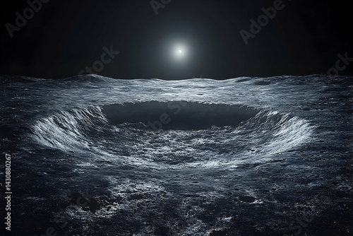 Lunar crater landscape illuminated by a celestial body. photo
