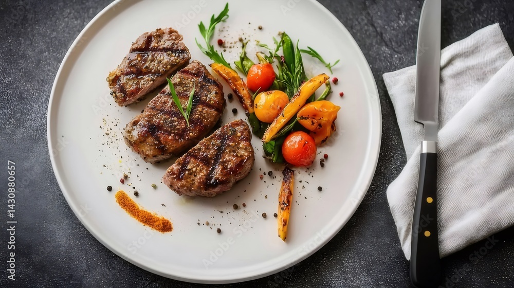 白い皿に盛り付けられた調理済みのステーキと彩り豊かな野菜の俯瞰図 白い皿に盛り付けられた調理済みのステーキと彩り豊かな野菜の俯瞰図