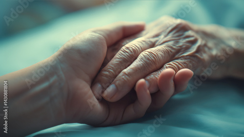 Young hand holding old hand on bed, helping caring for elderly, end of life support, aging people assistance