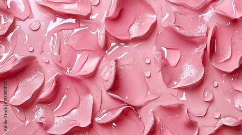 Delicate pink rose petals, wet and glossy, a skincare product texture.