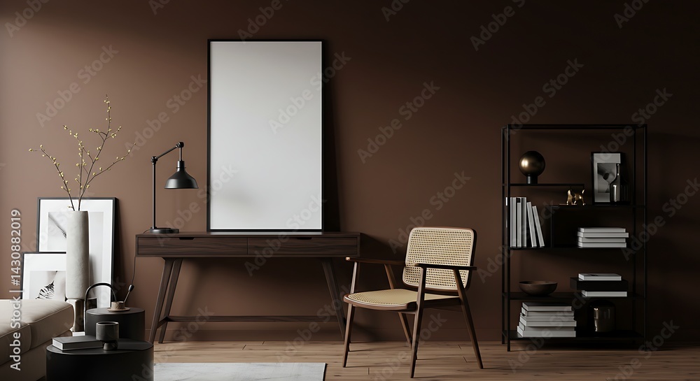 Fototapeta premium Modern Home Office Design Dark Brown Walls, Minimalist Desk & Chair, Elegant Bookshelf