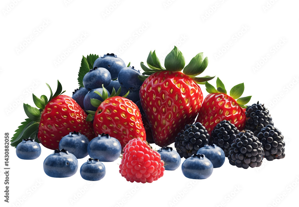 Assortment of fresh strawberries, blueberries, raspberries, and blackberries isolated on transparent or white background. Suitable for healthy food displays and berry illustrations Assortment of fresh strawberries, blueberries, raspberries, and blackberries isolated on transparent or white background. Suitable for healthy food displays and berry illustrations