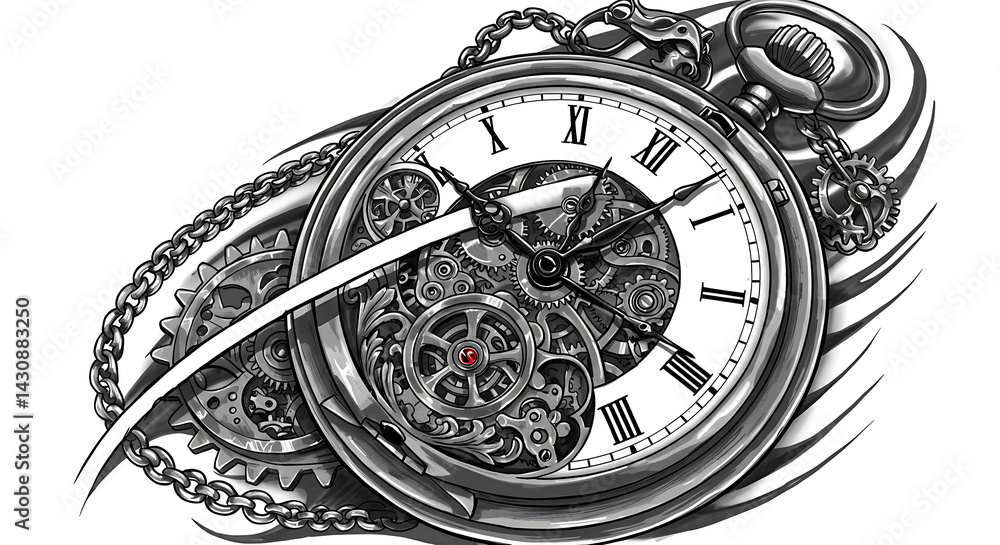 Intricate steampunk pocket watch illustration with gears and chain design Intricate steampunk pocket watch illustration with gears and chain design