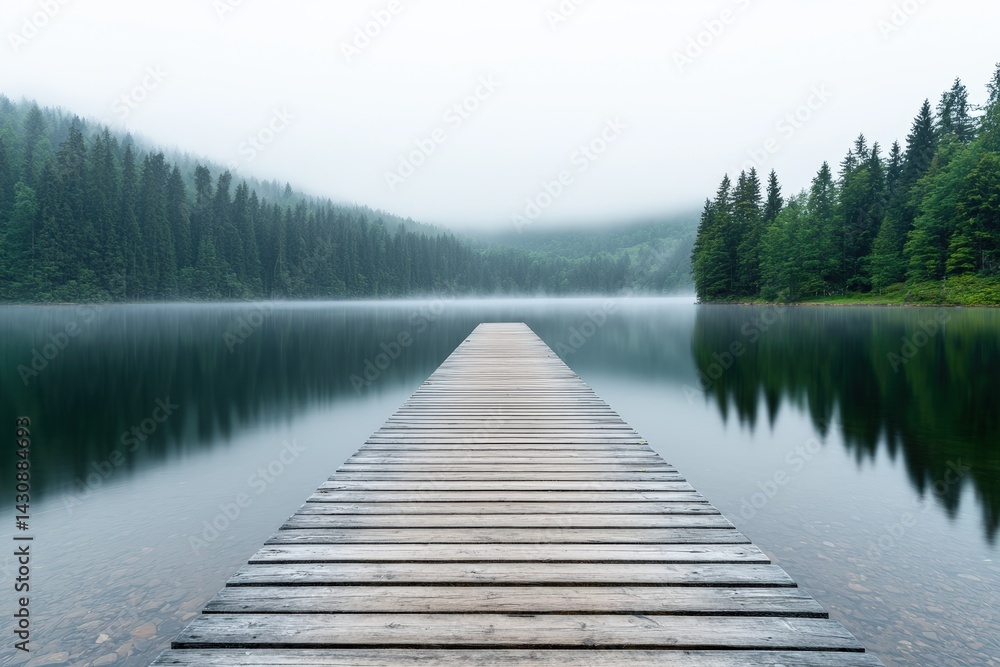 Wooden dock extending over misty lake in tranquil forest setting Wooden dock extending over misty lake in tranquil forest setting