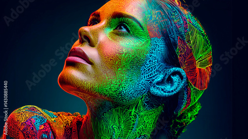  Neon-Glowing Portrait of Attractive Woman with Intricate Patterns and Vibrant Colors