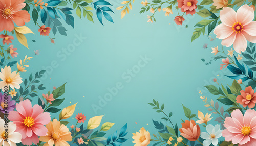 A vibrant and colorful floral frame featuring sunflowers, leaves, and various flowers, perfect for invitations, greeting cards, and spring-themed designs.