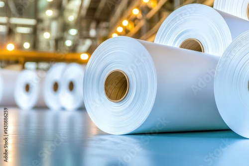 Large rolls of white paper in a factory setting