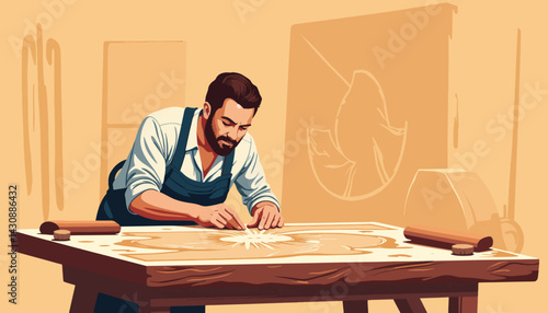 Woodworker carving intricate patterns on wood, craftsmanship and artistry