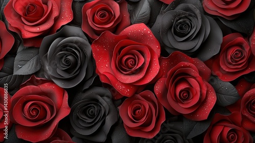 field of red roses with dew drops on the petals