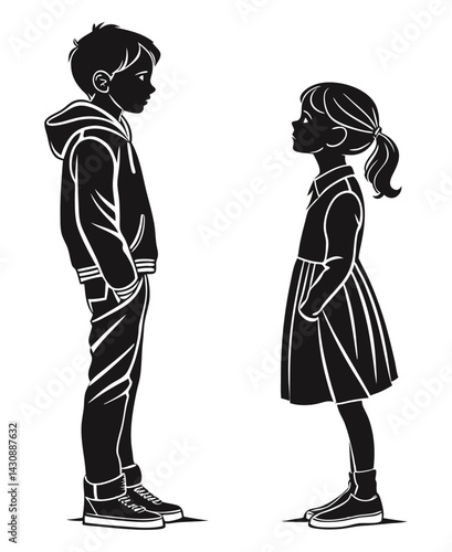 Dual Profile Silhouette: Minimalist Black & White Vector Art of Confronting Figures