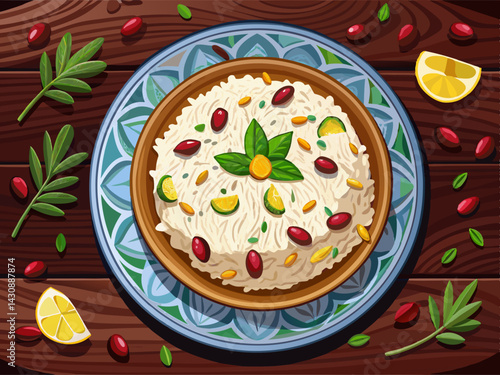 vector of Serve rice and decorate it with barberry and pistachio slices against the dark wood background