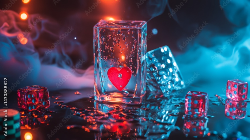 Romantic glass with heart and dice Romantic glass with heart and dice