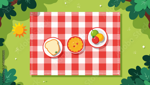 Stylized picnic setup with sandwiches and fruit on green grass, outdoor leisure