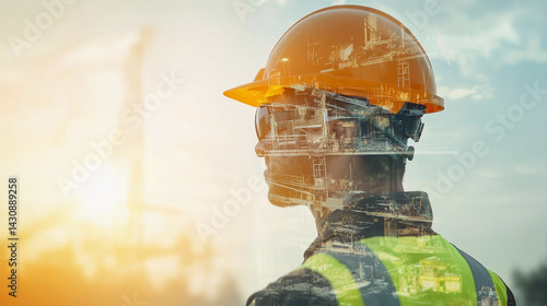 Obraz na płótnie Double exposure of a construction worker at sunset Generative AI w salonie